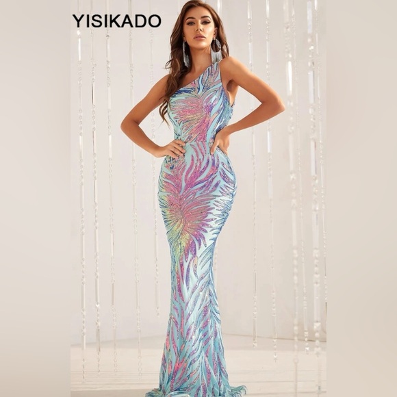 Yisikado Dresses & Skirts - One-Shoulder Sequin Mermaid Dress in Pastel Blue